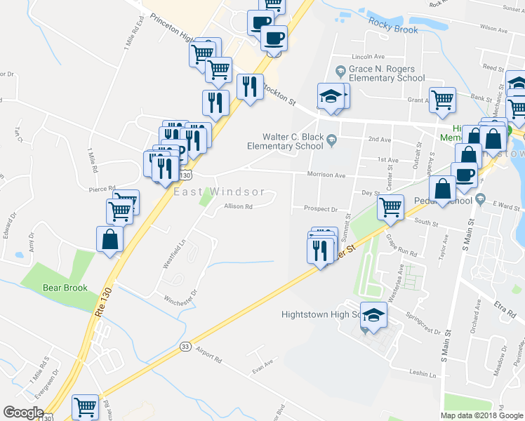 map of restaurants, bars, coffee shops, grocery stores, and more near 19 Allison Road in Hightstown