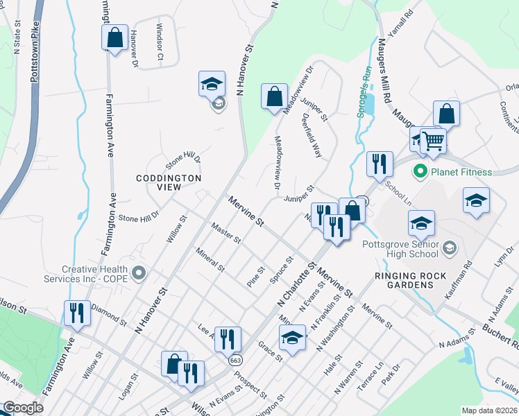 map of restaurants, bars, coffee shops, grocery stores, and more near 1263 Juniper Street in Pottstown