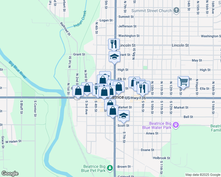 map of restaurants, bars, coffee shops, grocery stores, and more near 513 Ella Street in Beatrice