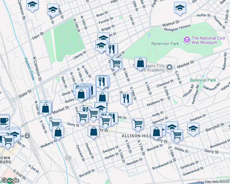 map of restaurants, bars, coffee shops, grocery stores, and more near 1625 Market Street in Harrisburg