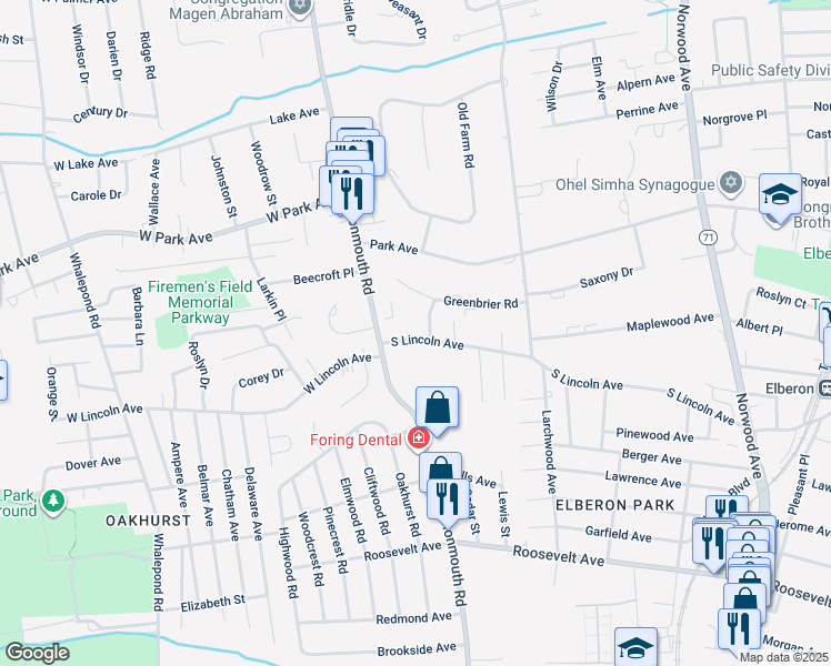 map of restaurants, bars, coffee shops, grocery stores, and more near 14 Greenbrier Road in Monmouth County