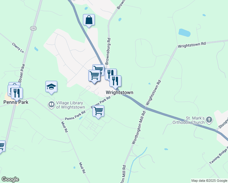 map of restaurants, bars, coffee shops, grocery stores, and more near 561 Durham Road in Newtown