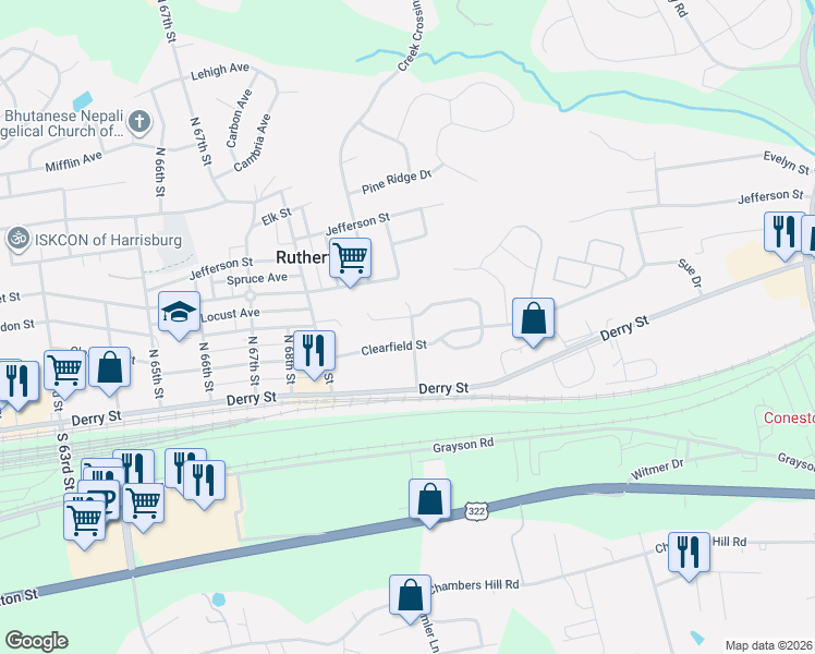 map of restaurants, bars, coffee shops, grocery stores, and more near 7206 Huntingdon Street in Harrisburg