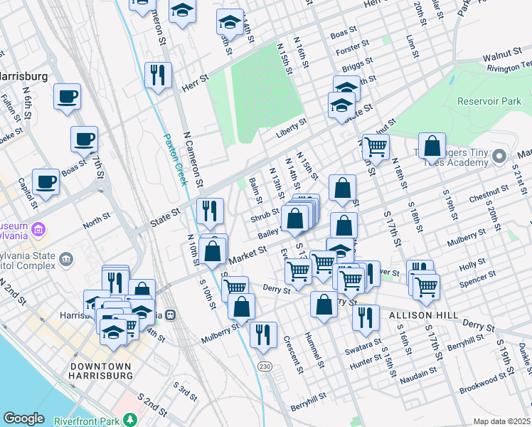 map of restaurants, bars, coffee shops, grocery stores, and more near 1238 Walnut Street in Harrisburg