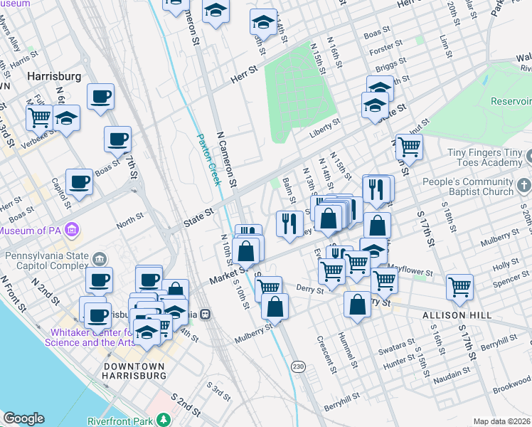 map of restaurants, bars, coffee shops, grocery stores, and more near 121 King Street in Harrisburg