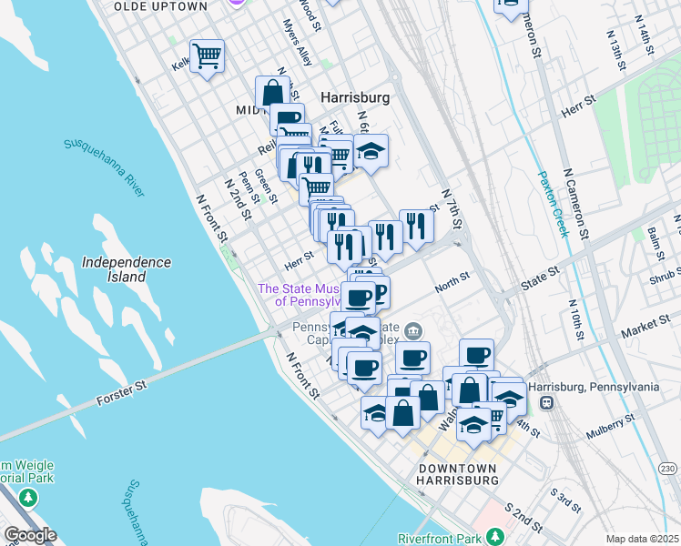 map of restaurants, bars, coffee shops, grocery stores, and more near in Harrisburg