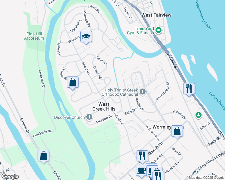 map of restaurants, bars, coffee shops, grocery stores, and more near 16 Paddock Lane in Camp Hill