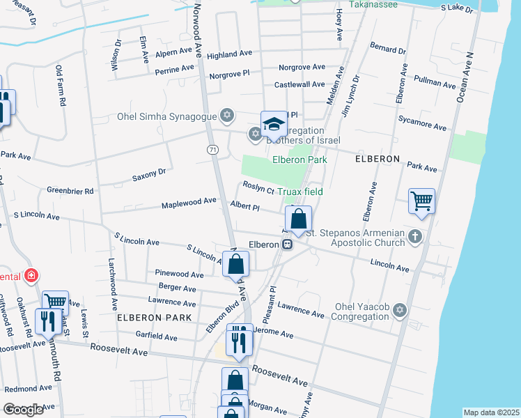map of restaurants, bars, coffee shops, grocery stores, and more near Albert Place in Long Branch