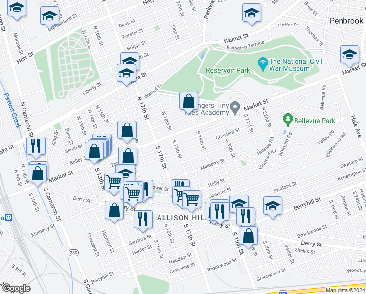 map of restaurants, bars, coffee shops, grocery stores, and more near 1810 Chestnut Street in Harrisburg