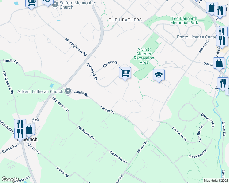 map of restaurants, bars, coffee shops, grocery stores, and more near 432 Cheswyck Drive in Harleysville