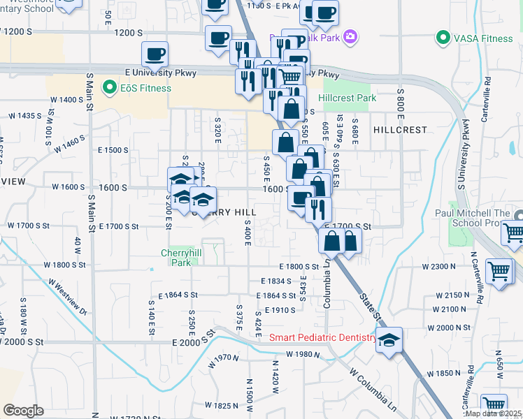 map of restaurants, bars, coffee shops, grocery stores, and more near 1675 Village Lane in Orem