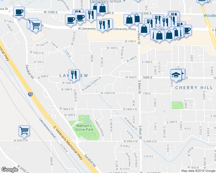 map of restaurants, bars, coffee shops, grocery stores, and more near 1657 Lakewood Drive in Orem