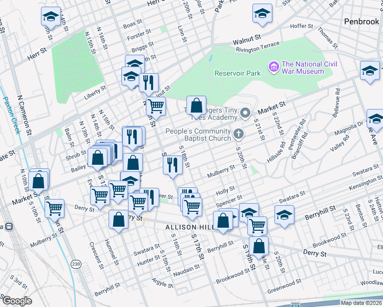 map of restaurants, bars, coffee shops, grocery stores, and more near 1812 Chestnut Street in Harrisburg