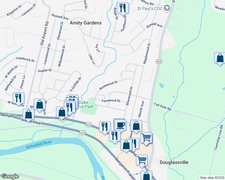 map of restaurants, bars, coffee shops, grocery stores, and more near 731 Nicholson Avenue in Douglassville
