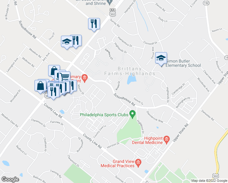 map of restaurants, bars, coffee shops, grocery stores, and more near 100 Krista Court in Chalfont