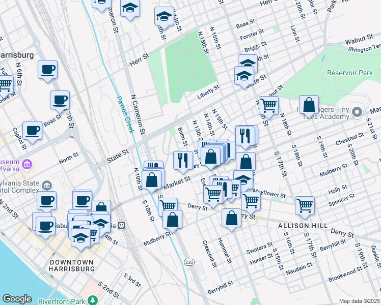 map of restaurants, bars, coffee shops, grocery stores, and more near 1238 Walnut Street in Harrisburg