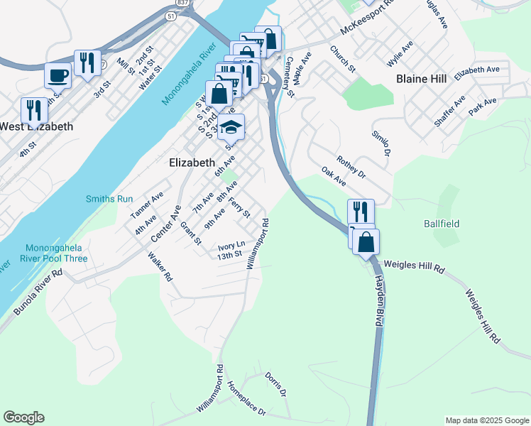 map of restaurants, bars, coffee shops, grocery stores, and more near 626 Williamsport Road in Elizabeth