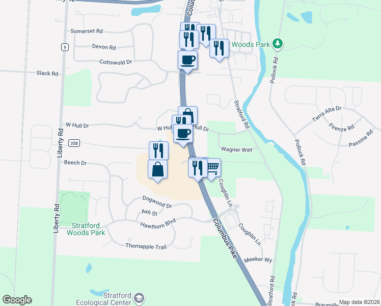 map of restaurants, bars, coffee shops, grocery stores, and more near 1740 Columbus Pike in Delaware