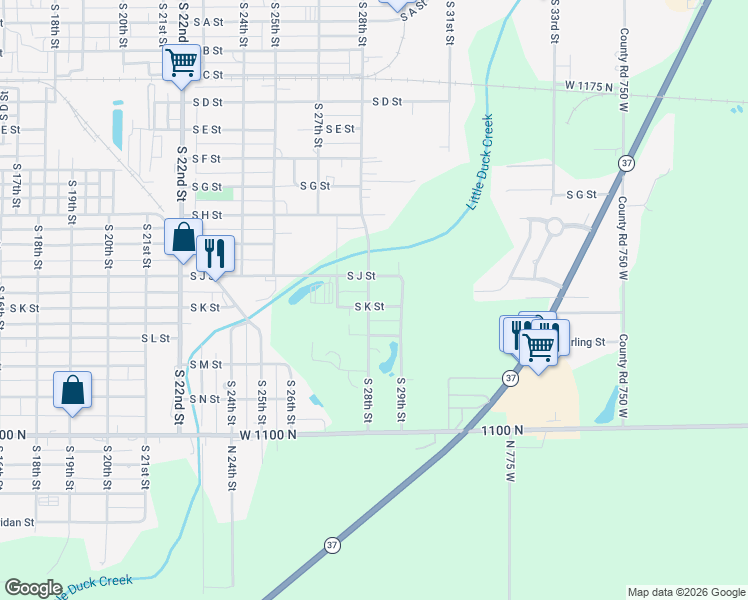 map of restaurants, bars, coffee shops, grocery stores, and more near 2813 South J Street in Elwood