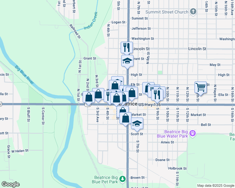 map of restaurants, bars, coffee shops, grocery stores, and more near 113 North 5th Street in Beatrice