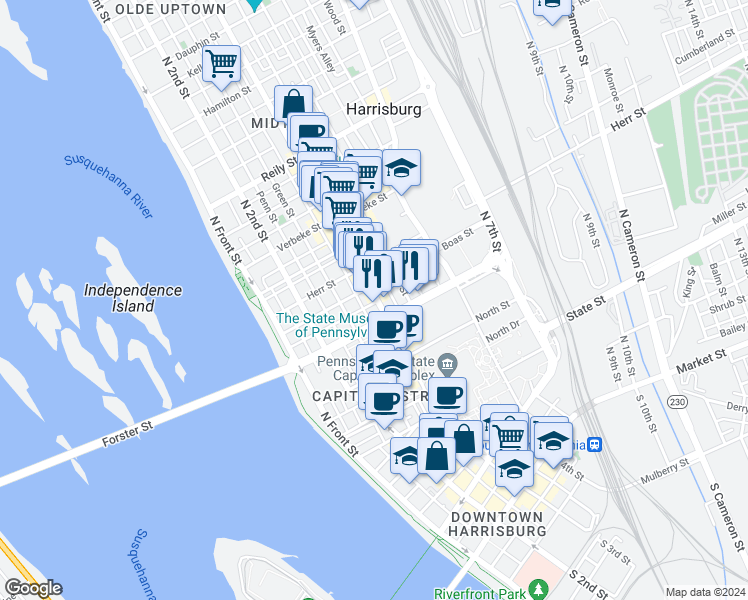 map of restaurants, bars, coffee shops, grocery stores, and more near 916 North 3rd Street in Harrisburg