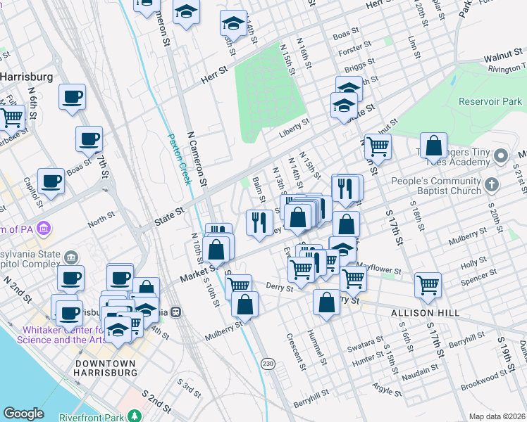 map of restaurants, bars, coffee shops, grocery stores, and more near 1238 Walnut Street in Harrisburg