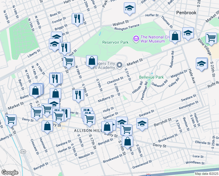 map of restaurants, bars, coffee shops, grocery stores, and more near 1934 Bellevue Road in Harrisburg