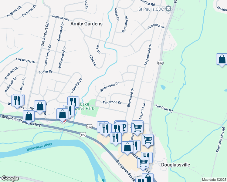 map of restaurants, bars, coffee shops, grocery stores, and more near 731 Nicholson Avenue in Douglassville