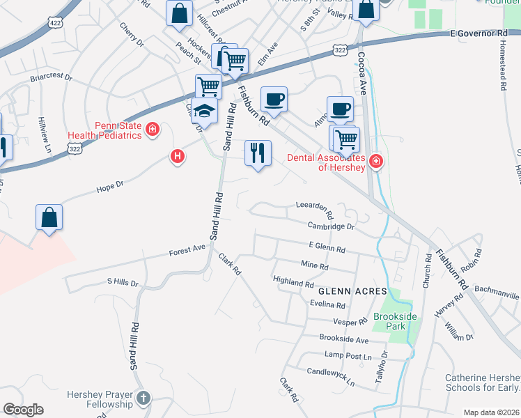 map of restaurants, bars, coffee shops, grocery stores, and more near 33 Leearden Road in Hershey