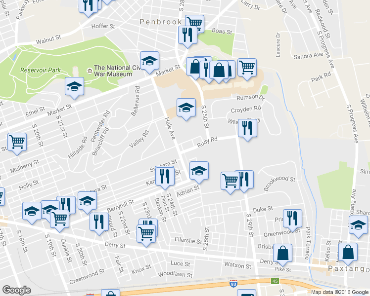 map of restaurants, bars, coffee shops, grocery stores, and more near 2448 Rudy Road in Harrisburg