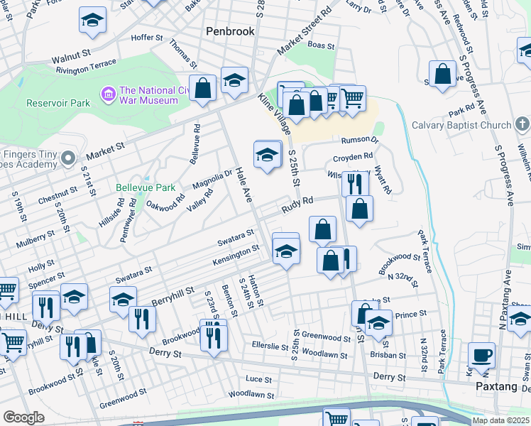 map of restaurants, bars, coffee shops, grocery stores, and more near 2448 Rudy Road in Harrisburg
