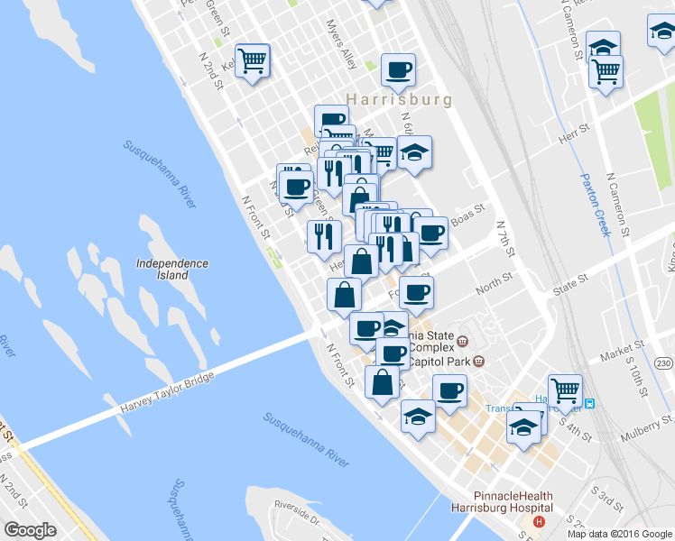map of restaurants, bars, coffee shops, grocery stores, and more near 215 Herr Street in Harrisburg