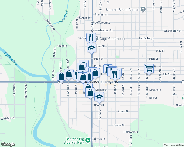map of restaurants, bars, coffee shops, grocery stores, and more near 110 North 6th Street in Beatrice