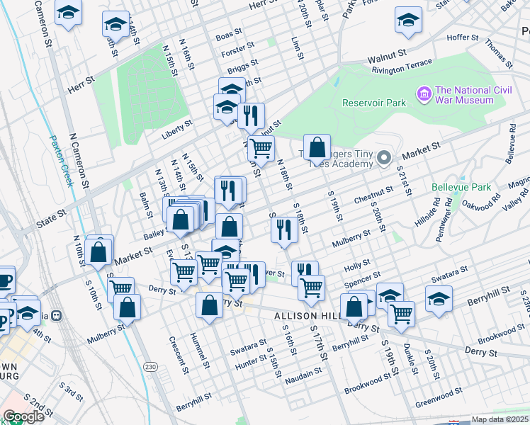 map of restaurants, bars, coffee shops, grocery stores, and more near 1639 Market Street in Harrisburg