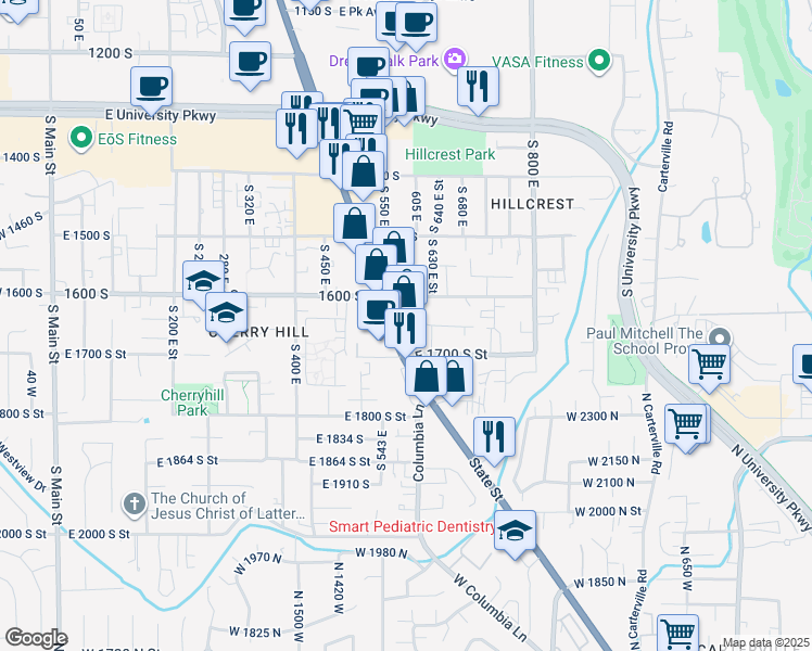 map of restaurants, bars, coffee shops, grocery stores, and more near 1635 State Street in Orem