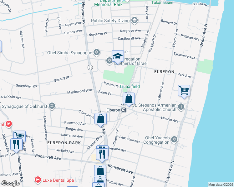 map of restaurants, bars, coffee shops, grocery stores, and more near 47 Roslyn Court in Long Branch