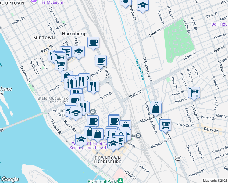 map of restaurants, bars, coffee shops, grocery stores, and more near in Harrisburg