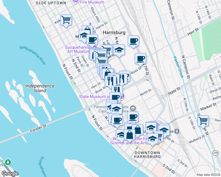 map of restaurants, bars, coffee shops, grocery stores, and more near in Harrisburg