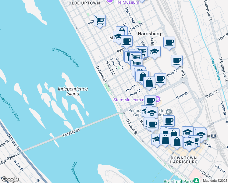 map of restaurants, bars, coffee shops, grocery stores, and more near 116 Cumberland Street in Harrisburg