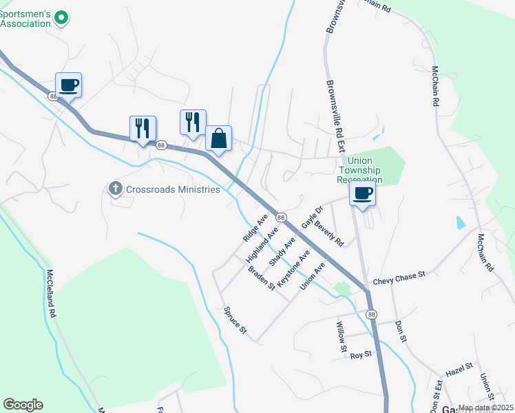 map of restaurants, bars, coffee shops, grocery stores, and more near 32 Circle Drive in Finleyville