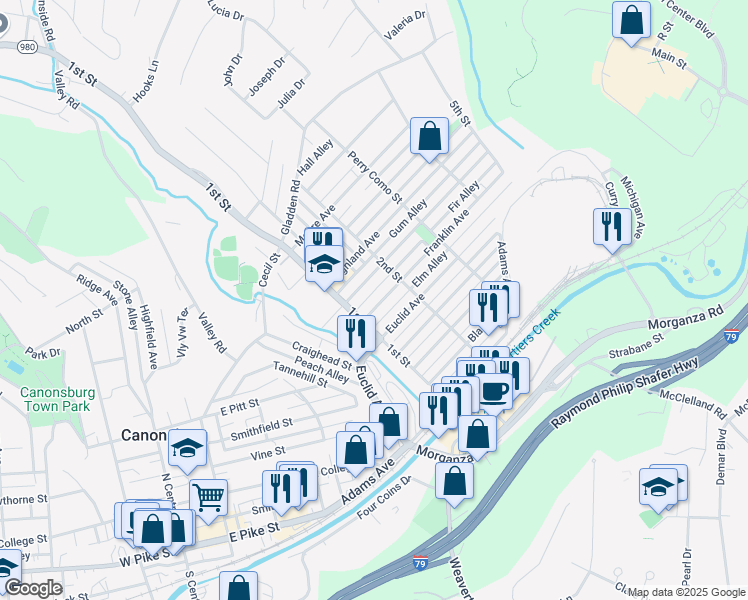 map of restaurants, bars, coffee shops, grocery stores, and more near 432 Fir Alley in Canonsburg