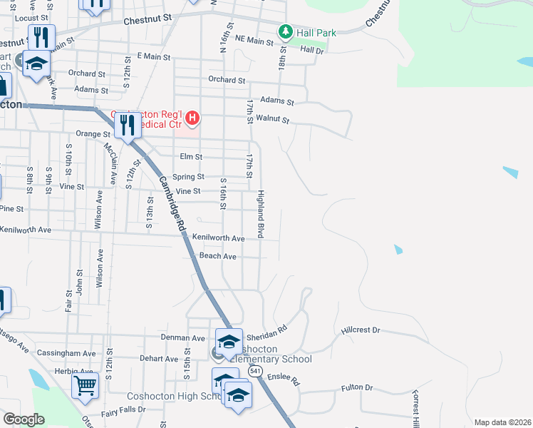 map of restaurants, bars, coffee shops, grocery stores, and more near 712 Highland Boulevard in Coshocton