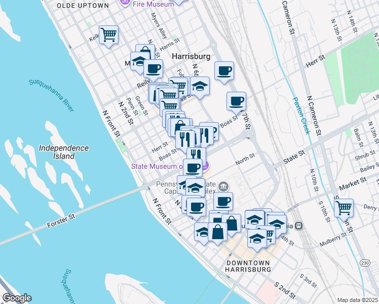 map of restaurants, bars, coffee shops, grocery stores, and more near in Harrisburg