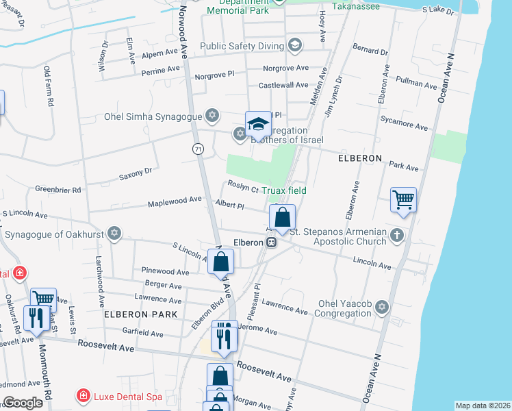map of restaurants, bars, coffee shops, grocery stores, and more near 47 Roslyn Court in Long Branch