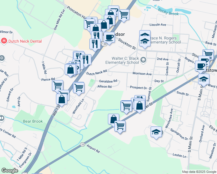 map of restaurants, bars, coffee shops, grocery stores, and more near Allison Road in East Windsor