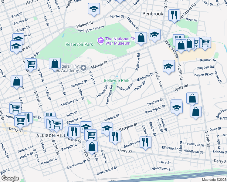 map of restaurants, bars, coffee shops, grocery stores, and more near 201 Briar Cliff Road in Harrisburg