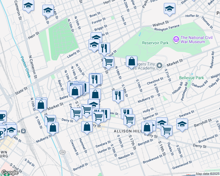 map of restaurants, bars, coffee shops, grocery stores, and more near 1639 Market Street in Harrisburg