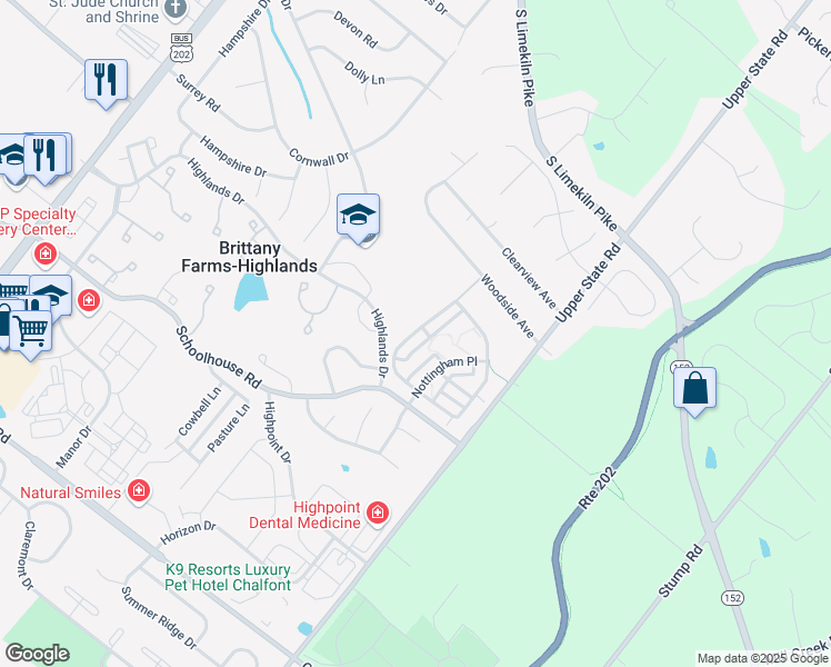 map of restaurants, bars, coffee shops, grocery stores, and more near 124 Cambridge Place in Chalfont