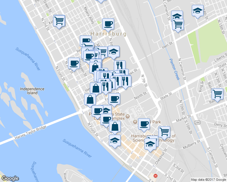 map of restaurants, bars, coffee shops, grocery stores, and more near in Harrisburg