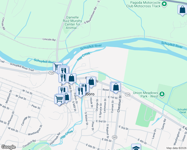 map of restaurants, bars, coffee shops, grocery stores, and more near 507 Farmer Street in Birdsboro